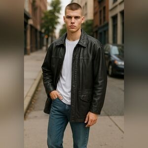 Vintage Men's Leather Jacket Coat size 44 JEZ Creation  Montreal Lined Navy Ex